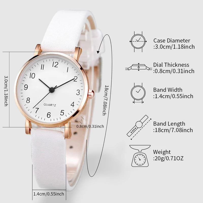 Women's Leather Band Quartz Watch Set with Heart Bracelet - Gold, Arabic Dial