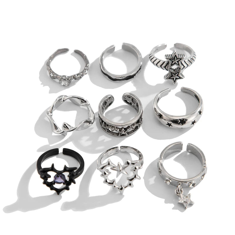 Goth Vintage Silver Open Ring Set for Men - 9 Pcs Stylish Metal Jewelry