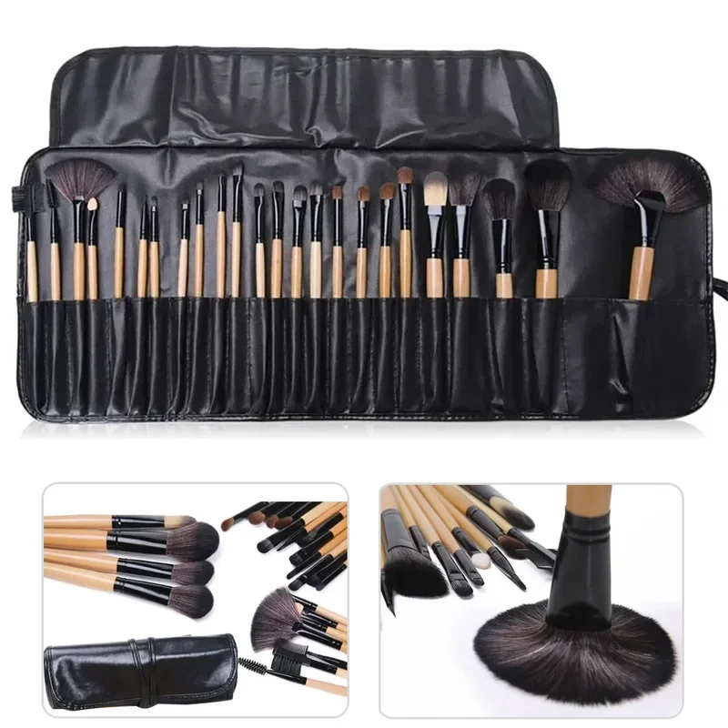 24-Piece Makeup Brush Set with Portable Leather Case - Professional Cosmetics Tools