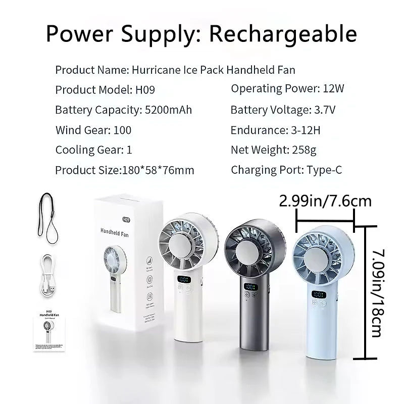 Portable Mini Handheld Fan with LED Display 5200mAh USB Rechargeable Outdoor Fan