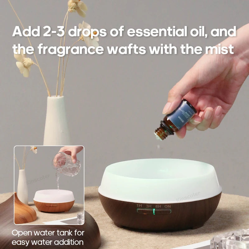 Wood Grain Aromatherapy Diffuser with 300ml Water Tank Ultrasonic Cool Mist Night Light