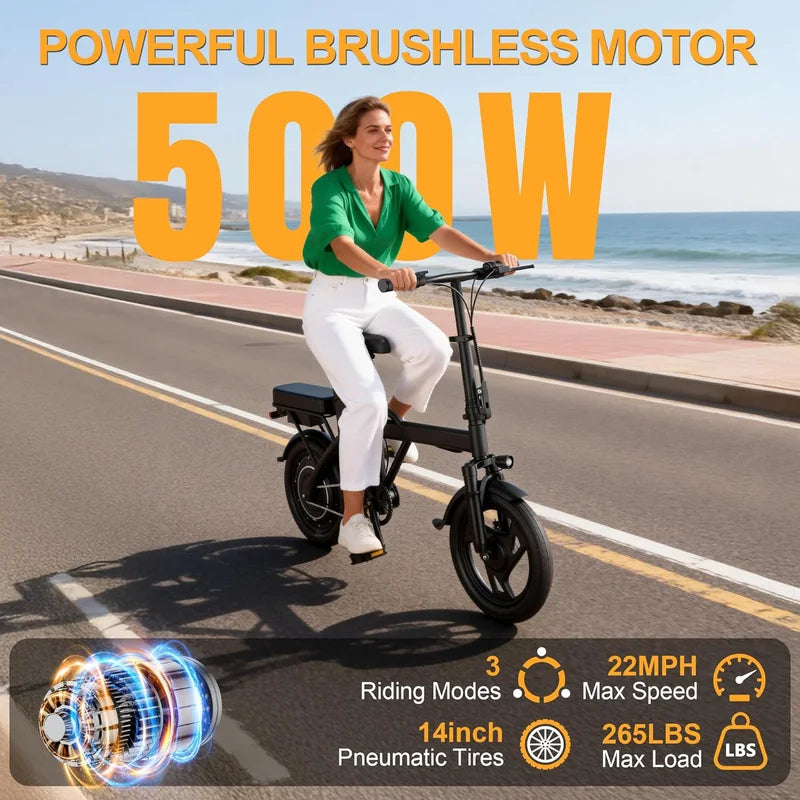 Foldable Electric Bike 500W Motor 48V Battery Max 22 MPH Range 30 Miles