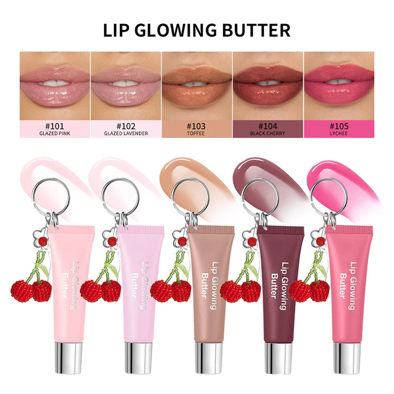 Moisturizing Lip Glowing Butter Lip Gloss with Cherry Pendant - Hydrating, Long-Lasting, Plumping, Shiny Lip Tint