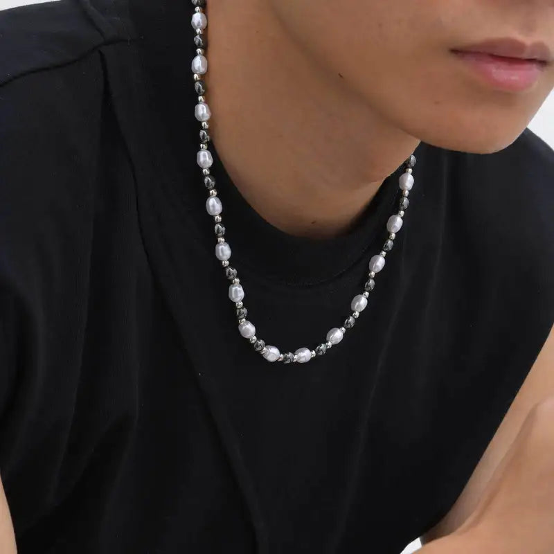Men's Pearl Necklace Beaded Jewelry Natural Hematite Stainless Steel Gift