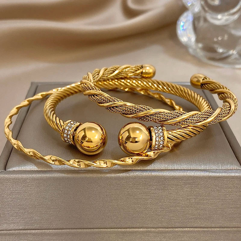 Warp Twine C-Shaped Open Men's & Women's Bracelet Jewelry Set - Stainless Steel