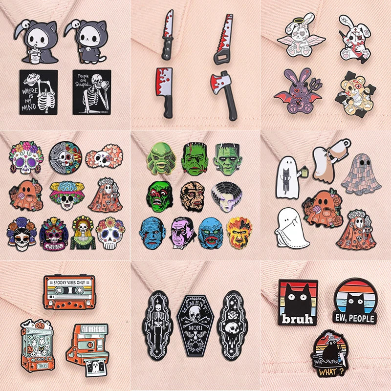 Set of Halloween Enamel Pins - Skeleton Ghost Grim Reaper Cat Voodoo Brooches Halloween Jewelry Gift