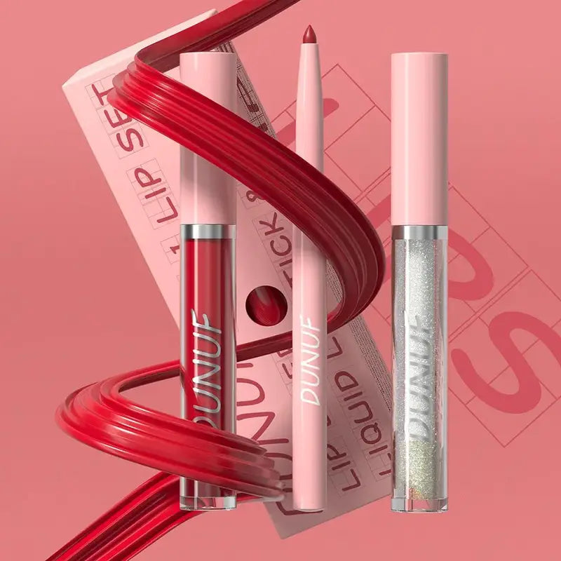 3-Piece Matte Lipstick Lip Liner and Lip Oil Set Waterproof Long Lasting