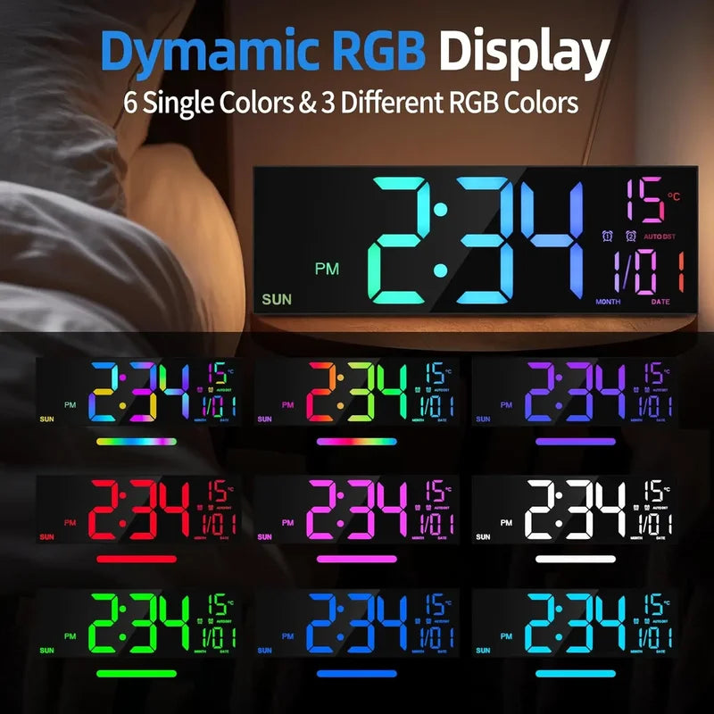 Large Digital Wall Clock with Remote Control, 8 RGB Colors, Dual Alarm