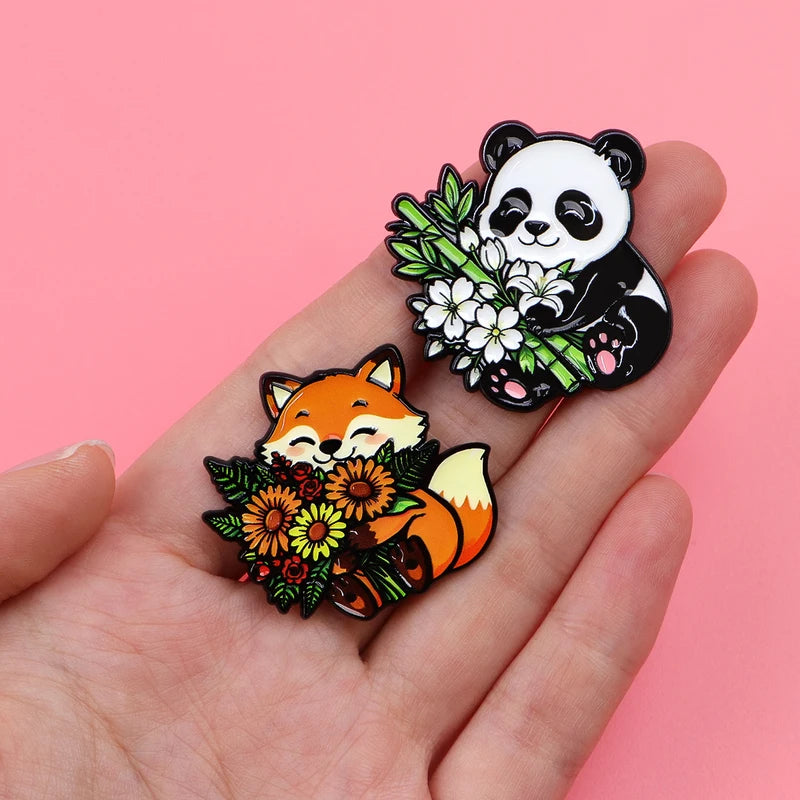 Cute Animal Flower Bouquet Enamel Pins for Backpack & Gift - Assorted Styles