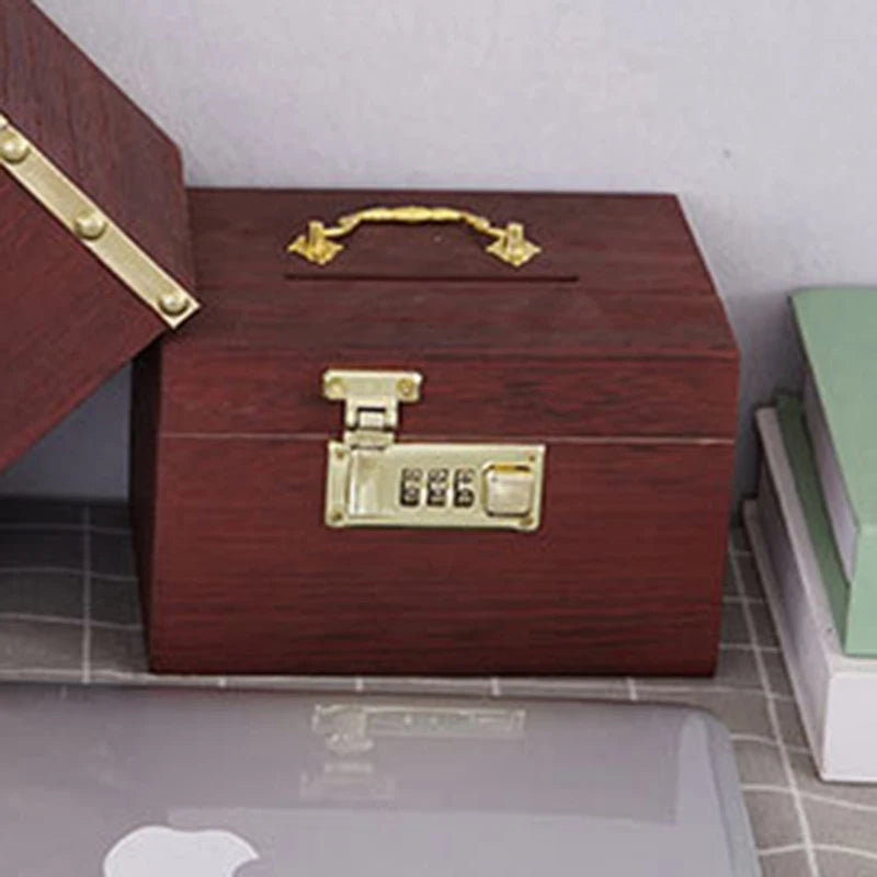 Vintage Wooden Coin Bank with Lock & Security Code - Treasure Money Box for Kids & Adults