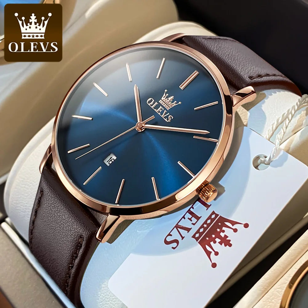 Men's Waterproof Leather Strap Watch with Auto Date - Ultra Thin Quartz