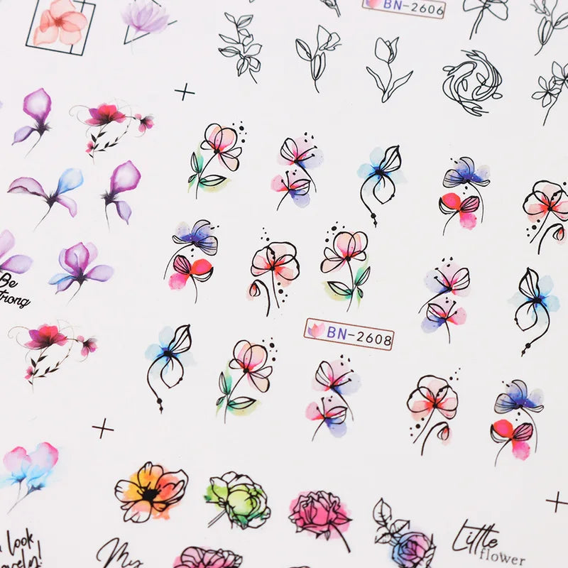 12-Piece Water Decal Nail Art Sticker Set with Flowers and Leaves