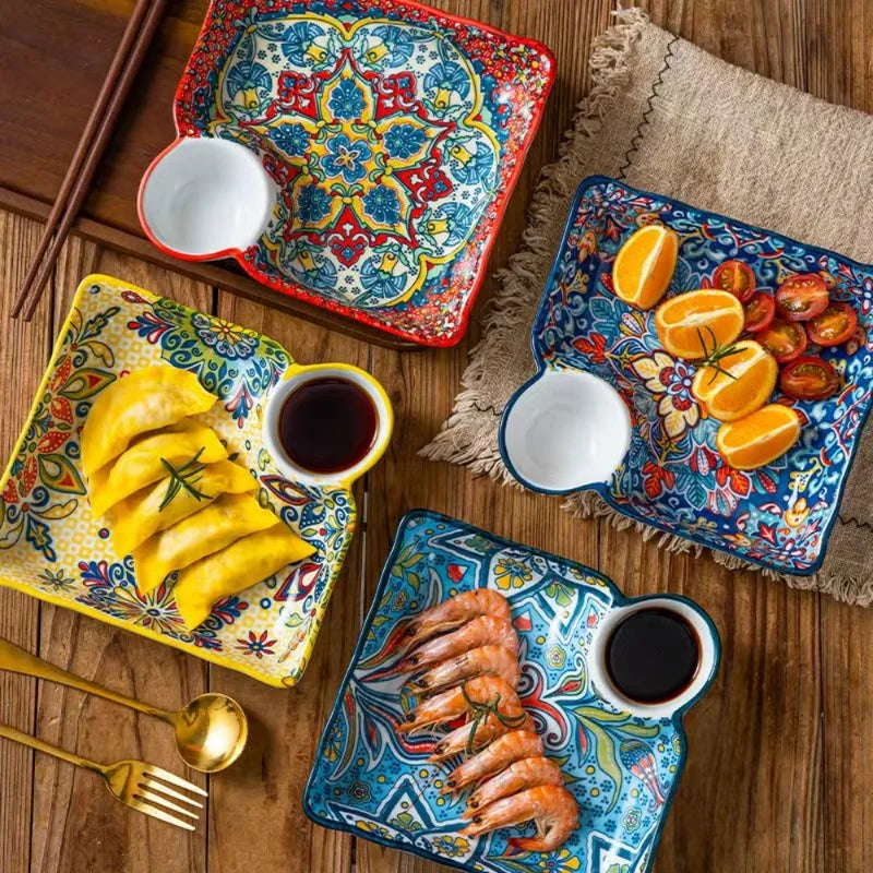Bohemian Ceramic Dumpling Plate with Vinegar Dish - Segmented Breakfast Serving Plate