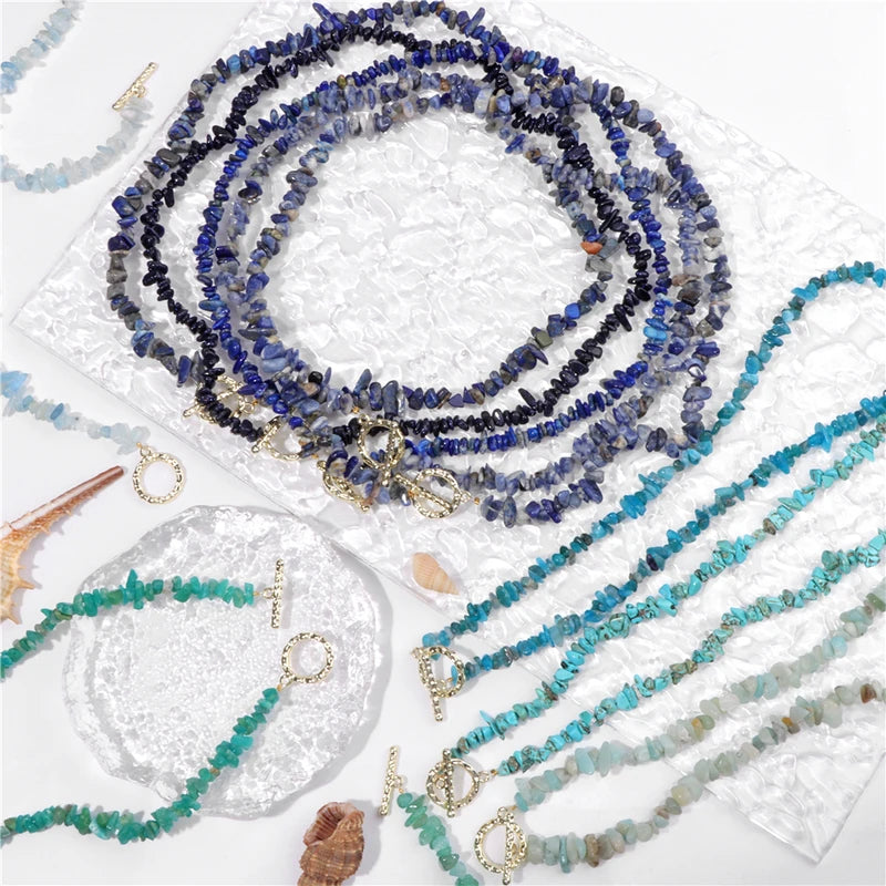 Natural Blue Stone Choker Necklace with Irregular Healing Gravel Beads for Women Jewelry