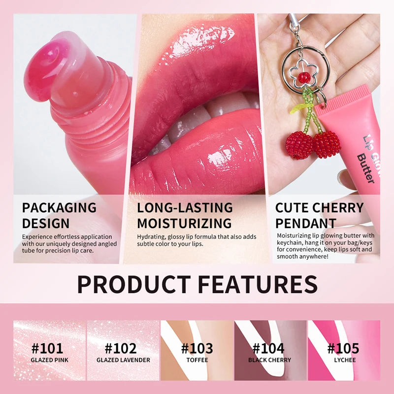 Moisturizing Lip Glowing Butter Lip Gloss with Cherry Pendant - Hydrating, Long-Lasting, Plumping, Shiny Lip Tint