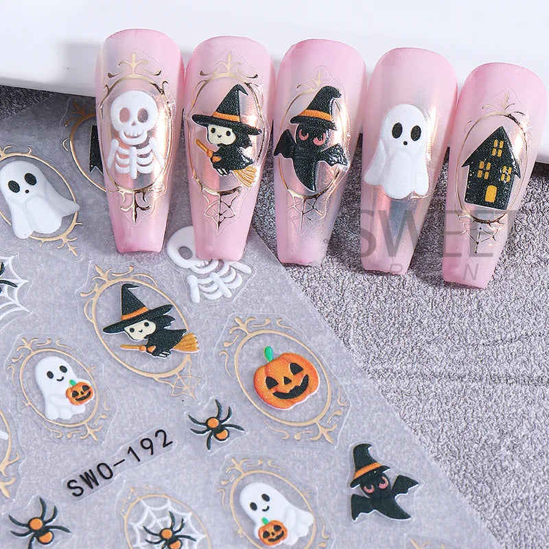 Halloween Nail Stickers Cartoon Ghost Pumpkin Skeleton Bat Decals DIY Manicure Decorations