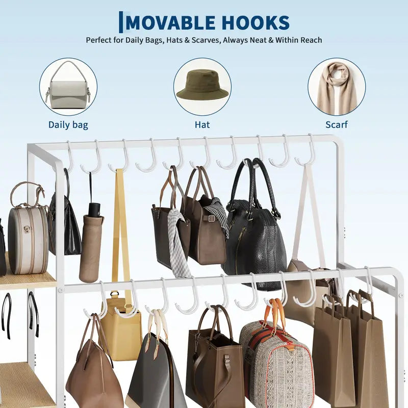 3-Tier Purse Organizer Rack with Wheels and Shelves for Closet Storage