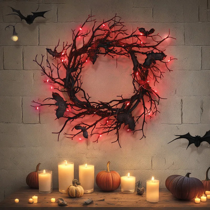 Halloween Artificial Wreath with Bat Design and LED Lights for Front Door Decor