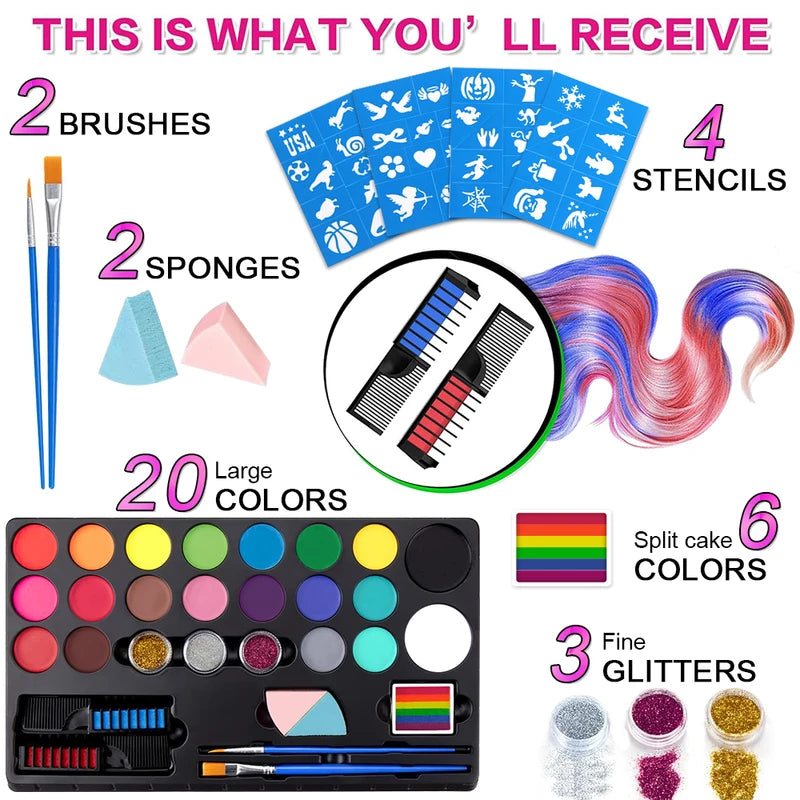 All-in-One Face & Body Paint Kit with 20 Oil Colors, Rainbow & Glitter for Special Effects Halloween
