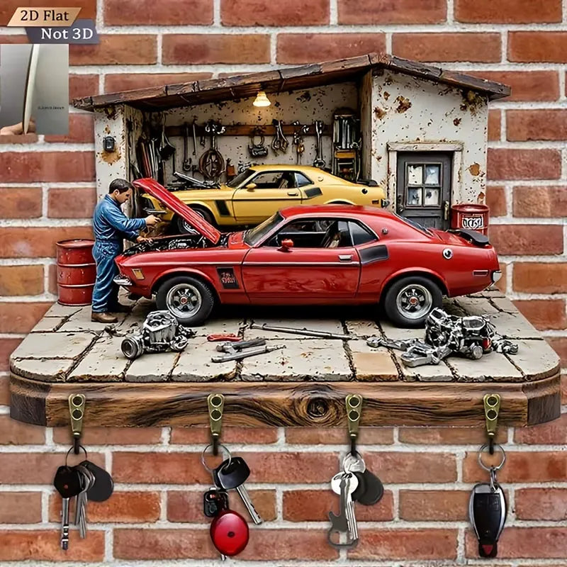 2D Flat Classic Muscle Car Garage Key Holder with 4 Hooks - Wooden Wall Mount Organizer