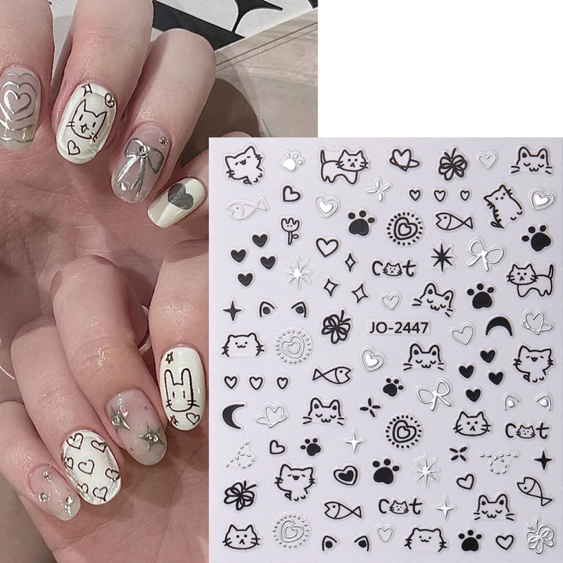 2Pcs Cartoon Cat Nail Stickers Holographic Love Heart Star Sliders for Manicure Decor
