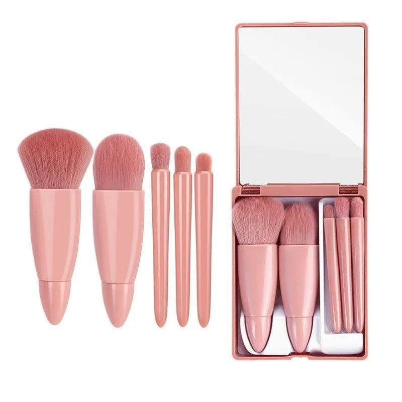 Mini Makeup Brush Set with Mirror - Travel Cosmetic Brushes, 5 Pieces