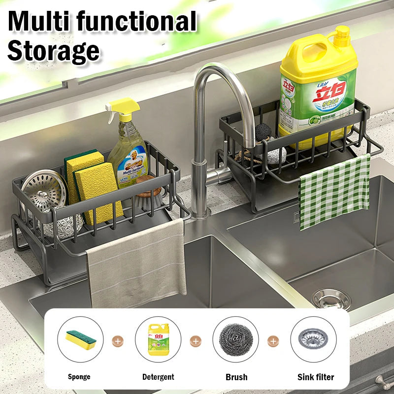 Stainless Steel Sink Cleaning Tools Storage Rack Kitchen Organizer with Drip Tray