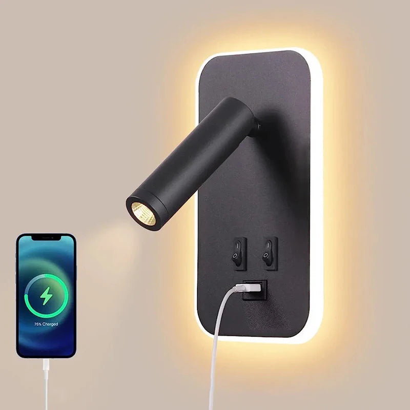 Nordic Modern LED Wall Lamp with Switch & USB for Bedroom Living Room