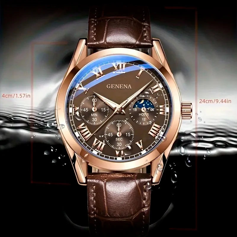 Men's Business and Casual Quartz Watch with Leather Strap and Roman Numeral Dial
