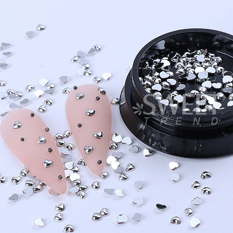 Silver Heart Nail Charms 3D Metal Flat Love Nail Art Decorations Set