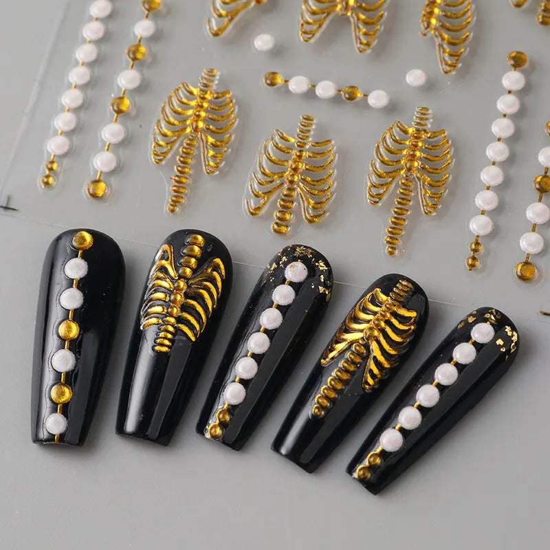 Halloween 5D Embossed Skull Nail Stickers with Pink Roses and Gold Bones for Elegant Nail Art