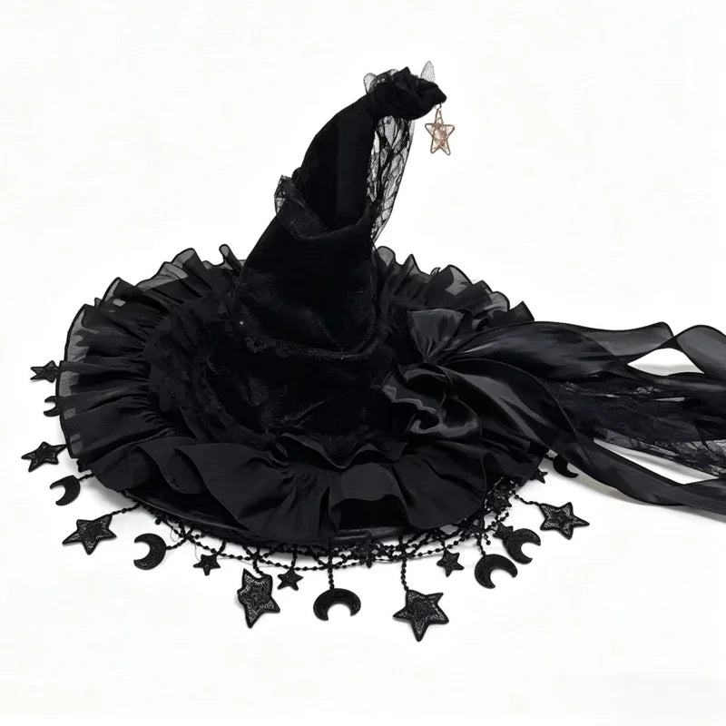Velvet Witch Hat with Lace Trim & Moon Pendant for Halloween & Cosplay