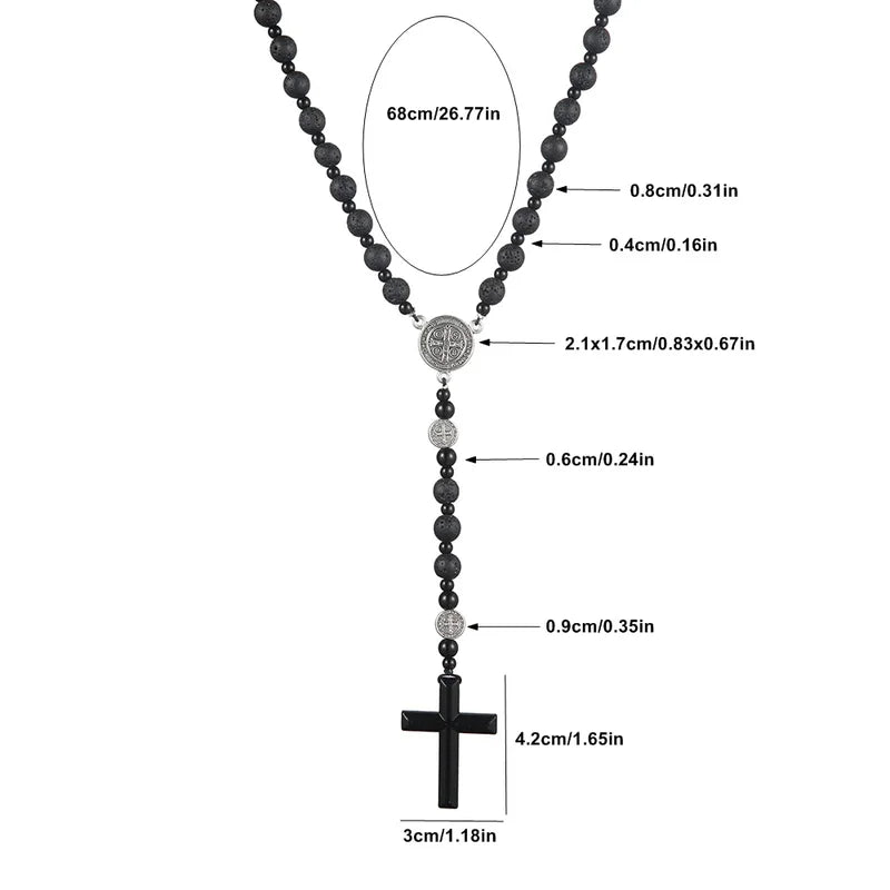 Black Round Beads Saint Benedict Cross Pendant Necklace for Men Women Rosary Gift