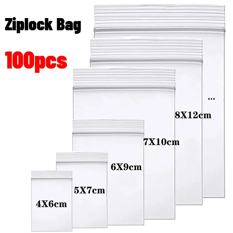100Pcs Clear Plastic Storage Bags Reclosable Ziplock Food & Jewelry Organizer