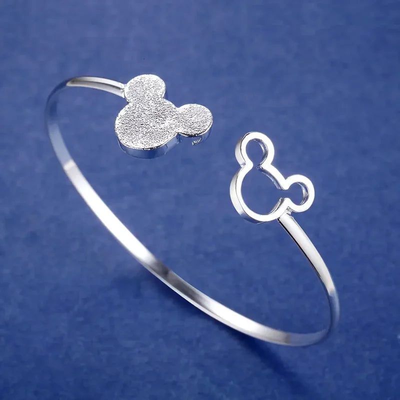 925 Sterling Silver Mickey Bangle Bracelets for Women - Frosted Jewelry Gift