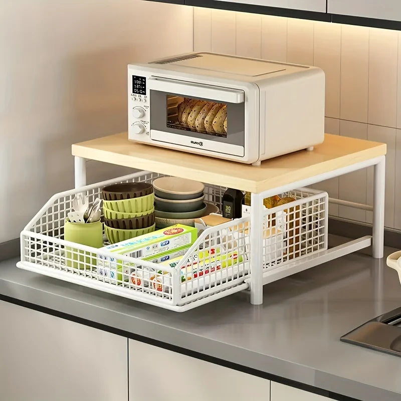Vertical Microwave Stand with Drawer and Baking Rack - Multi-Function Kitchen Shelf
