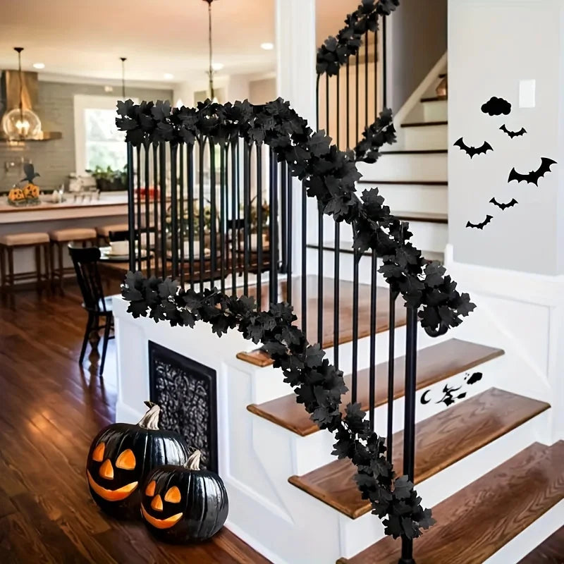 Black Maple Leaf Garland - Gothic Vampire Bat Hanging Vine Decor for Halloween & Thanksgiving