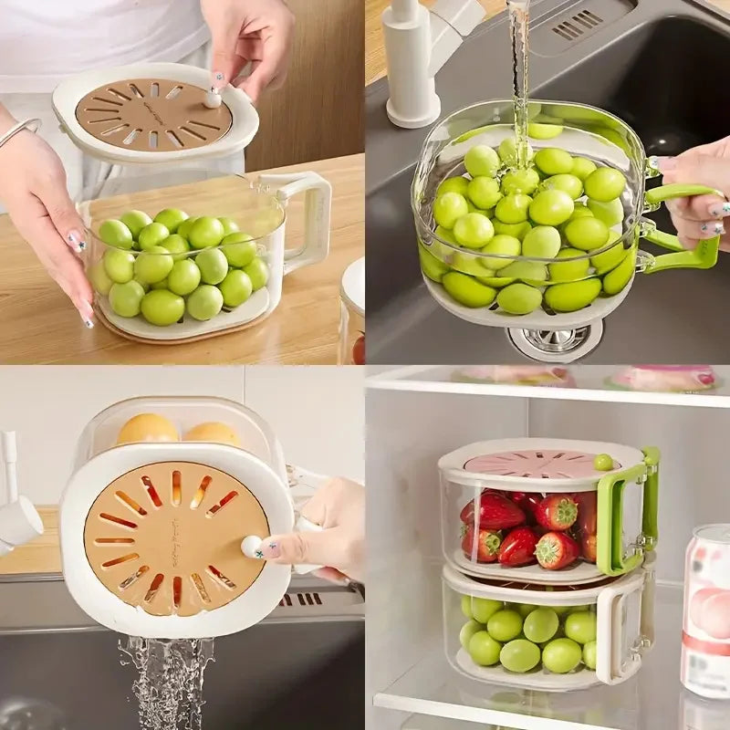 2-in-1 Double Layer Fruit Drain Basket with Foldable Handle Food Strainer