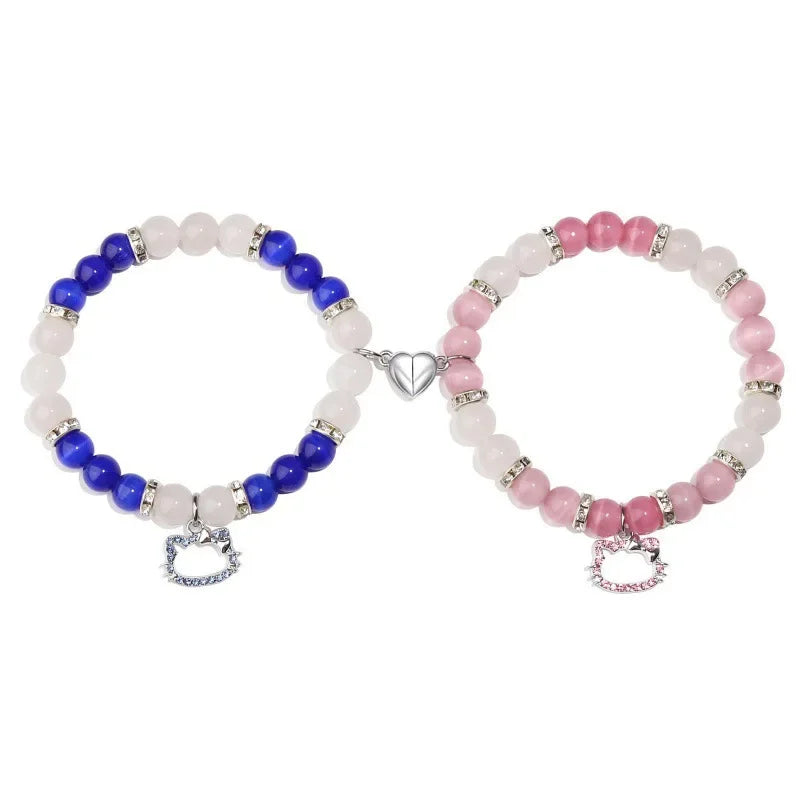 2 Pack Beaded Cat Charm Bracelets for Best Friend Multi Color Heart & Spider Design
