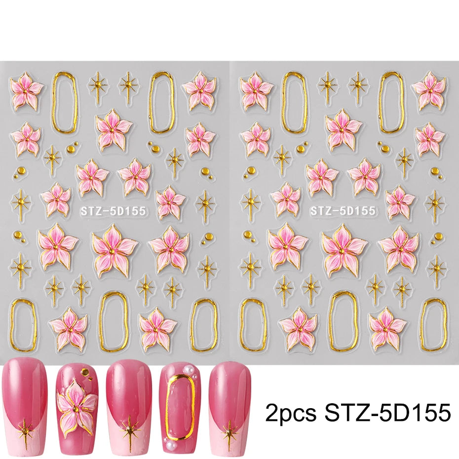 2pcs Embossed Hibiscus Flower Nail Art Stickers with Gold Ring Charms - Manicure Decals