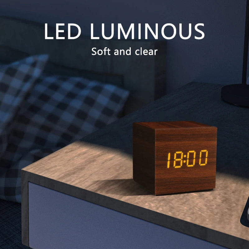 Wooden LED Alarm Clock with Voice Control and Digital Display - USB & Battery Powered
