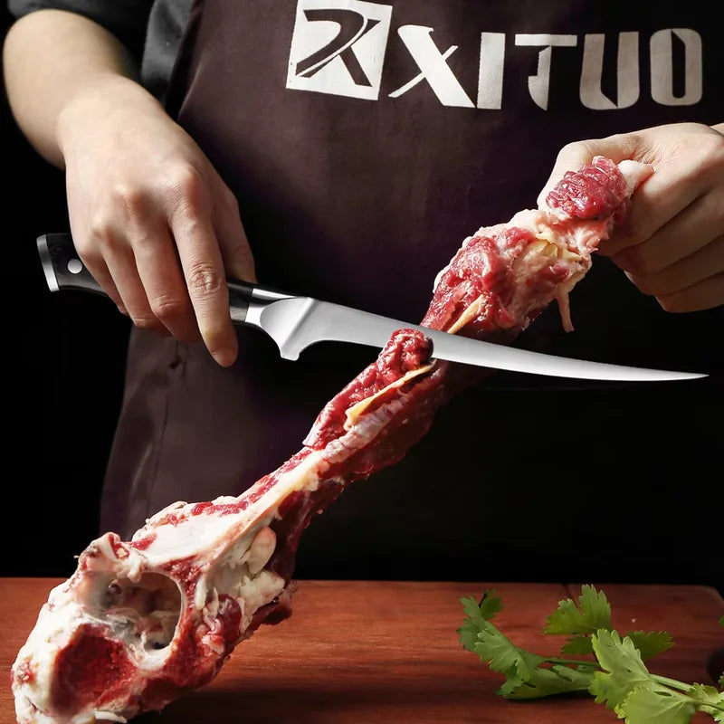 8 Inch Stainless Steel Boning Knife - Sharp Flexible Curved Fish & Meat Cutter