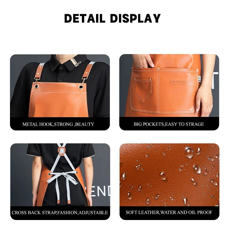 Professional Waterproof Leather Barber Apron with Pockets - Customizable Workwear for Hairdressers and Stylists
