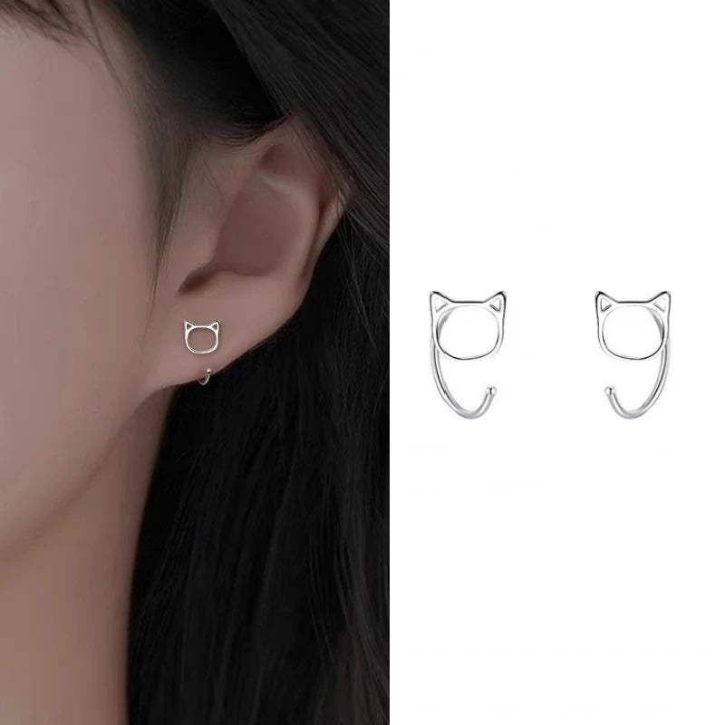 Cute Cat Stud Earrings for Women Girls Silver Color Hypoallergenic Jewelry
