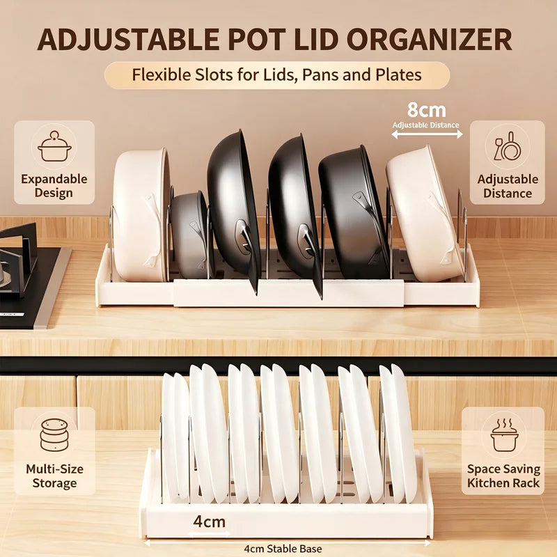 Expandable Pot Organizer with 7 Adjustable Compartments Kitchen Storage Rack