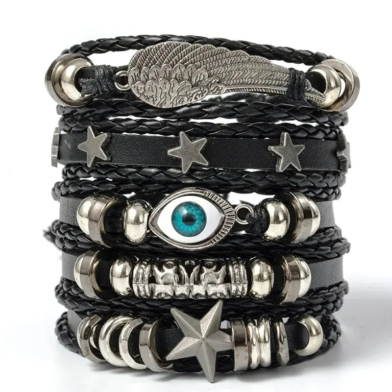 Evil Eye Wing Star Punk Style Leather & Bead Bracelet Set - 5pcs