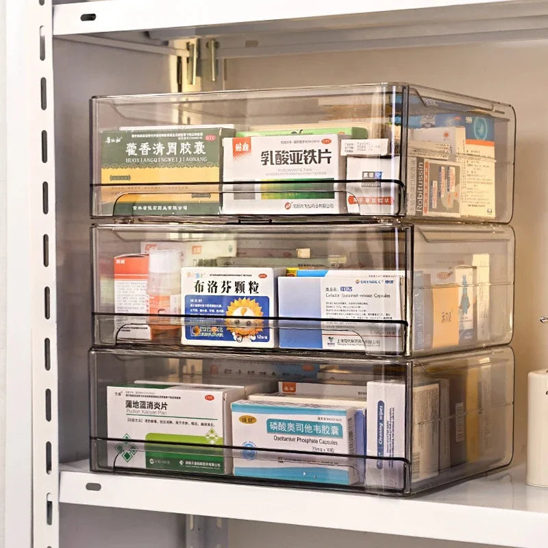 Large Capacity Acrylic Medicine Storage Box with Pull-Out Drawer, Stackable Organizer for Home Medical Supplies