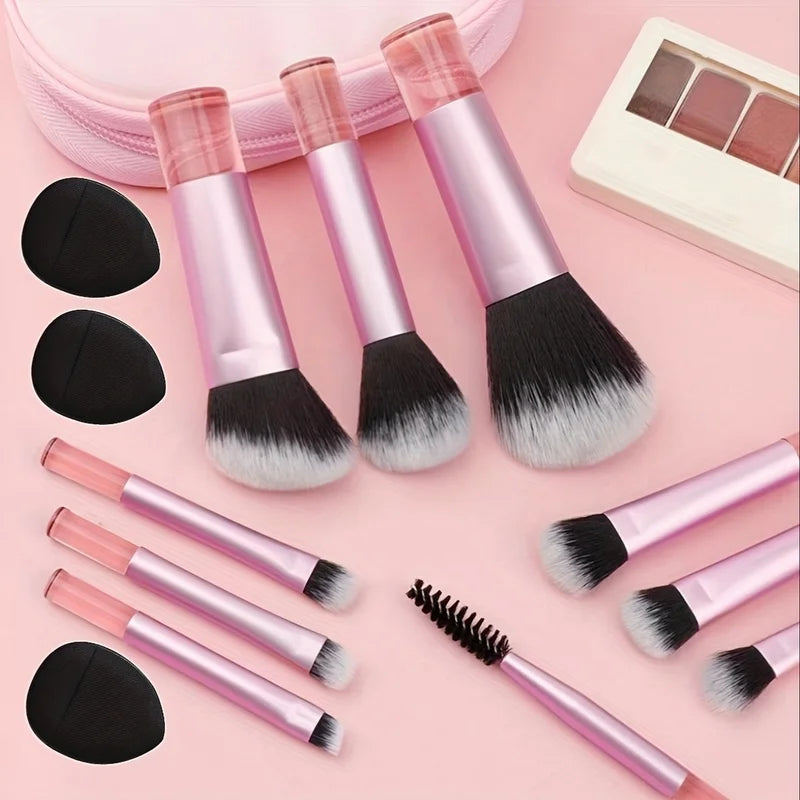 Mini Makeup Brush Set with Travel Size Puffs - Soft Bristles for Face & Eye Makeup