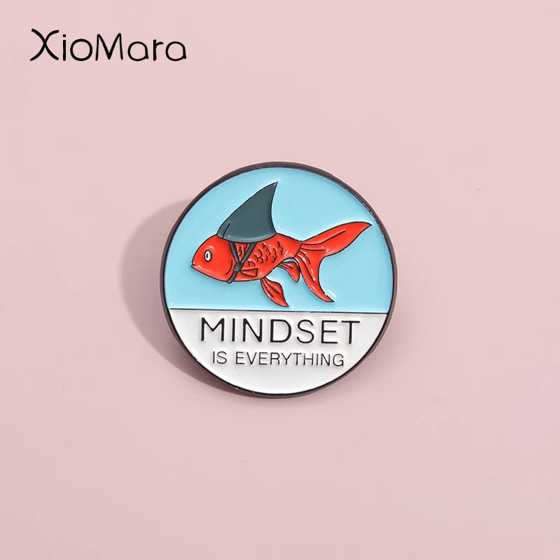 Set of 2 Positive Quote Enamel Pins - Fish & Shark Gold-Tone Brooches for Kids & Friends