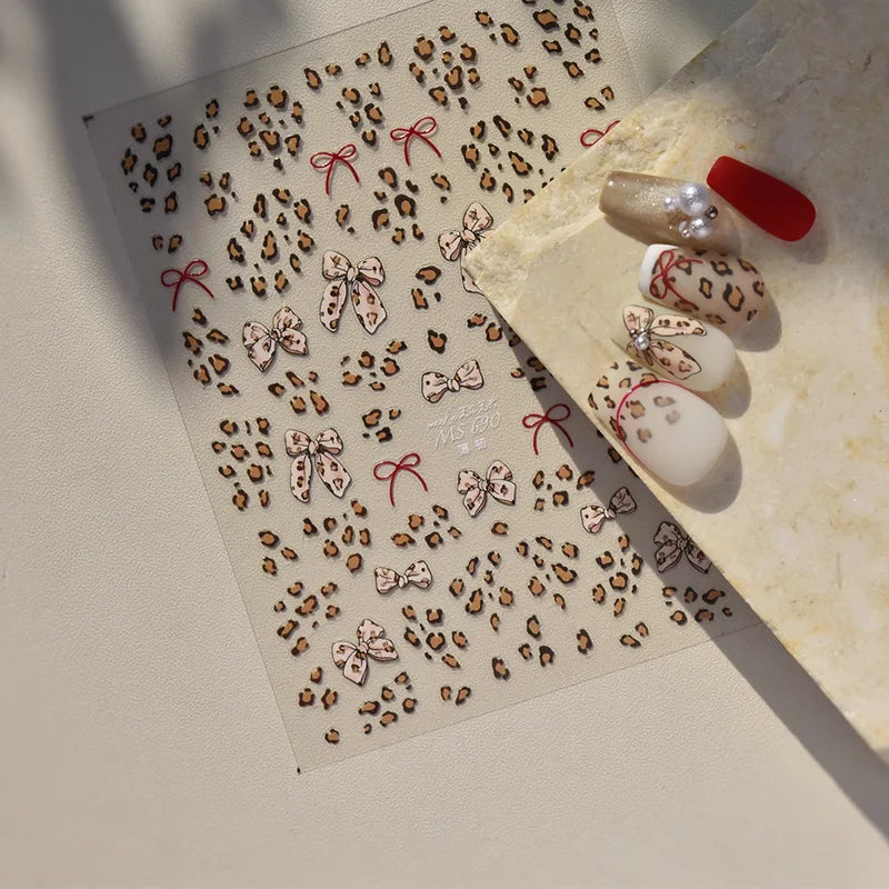 Autumn Winter Leopard Print Bow Nail Art Stickers - 3D Self-Adhesive Decals for Nails DIY